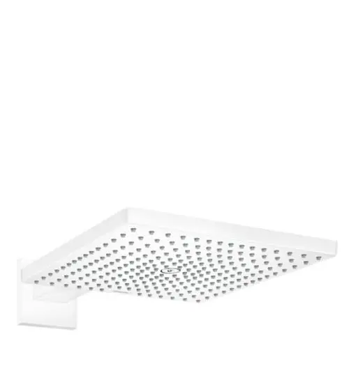 Weißer, quadratischer Duschkopf von Hansgrohe mit vielen kleinen Düsen zur Wasserabgabe. Befestigung an der Wand. Minimalistisches Design.